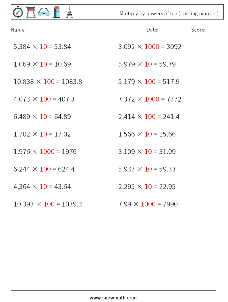 Multiply by powers of ten (missing number) Math Worksheets 16 Question, Answer