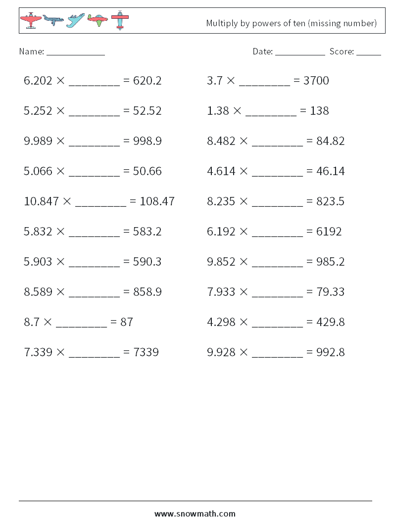 Multiply by powers of ten (missing number) Maths Worksheets 17