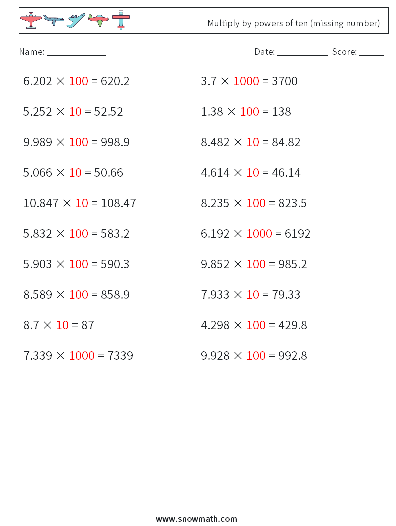 Multiply by powers of ten (missing number) Math Worksheets 17 Question, Answer