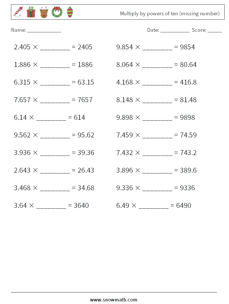 Multiply by powers of ten (missing number) Maths Worksheets 18