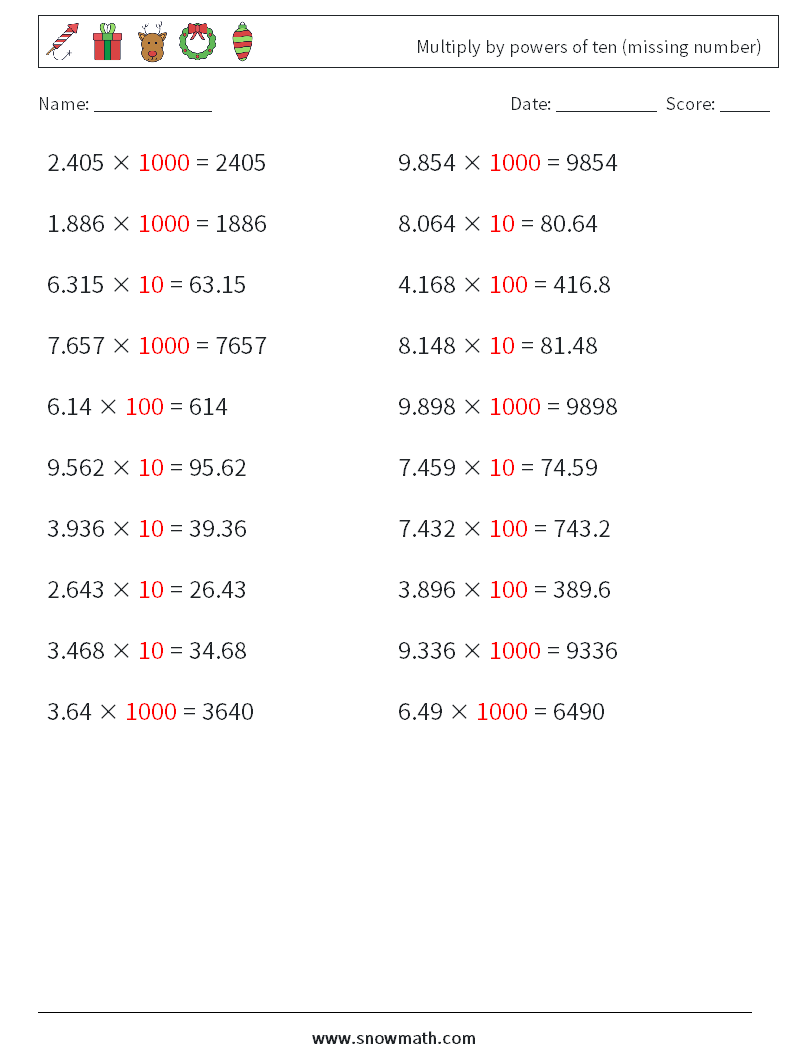 Multiply by powers of ten (missing number) Math Worksheets 18 Question, Answer