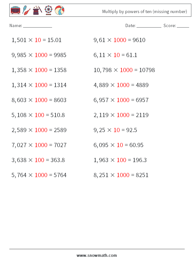 Multiply by powers of ten (missing number) Math Worksheets 1 Question, Answer