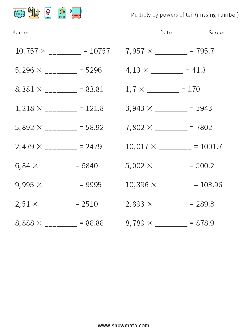 Multiply by powers of ten (missing number) Math Worksheets 2