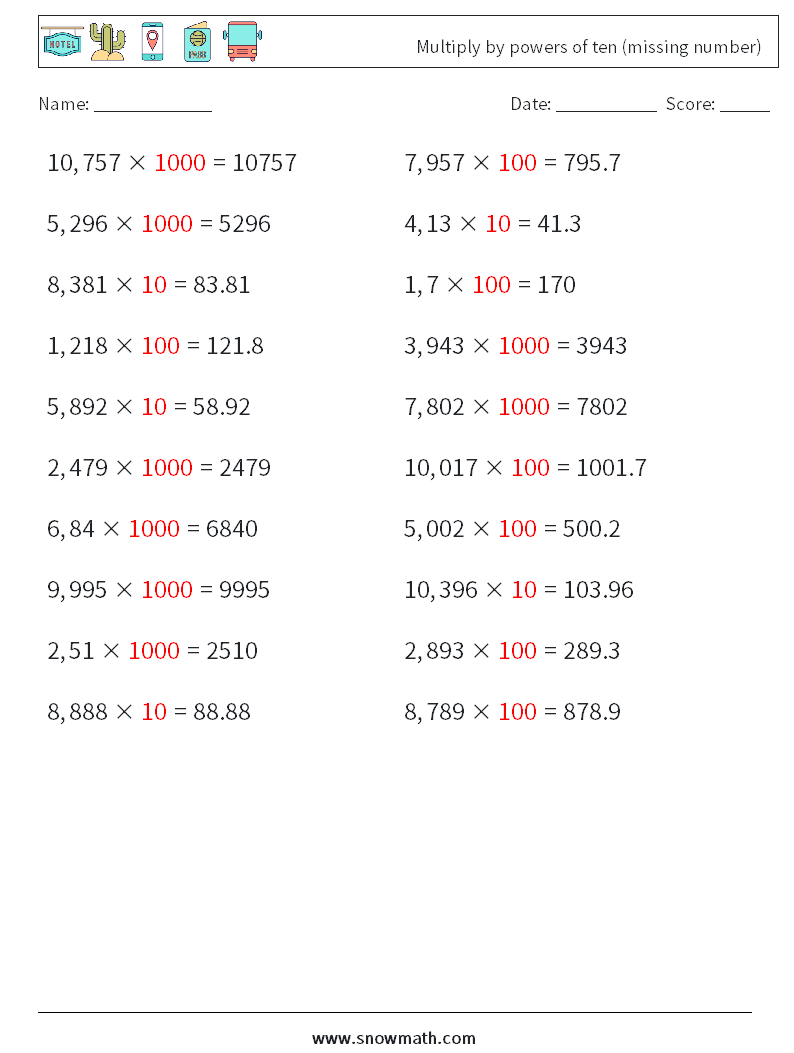 Multiply by powers of ten (missing number) Math Worksheets 2 Question, Answer