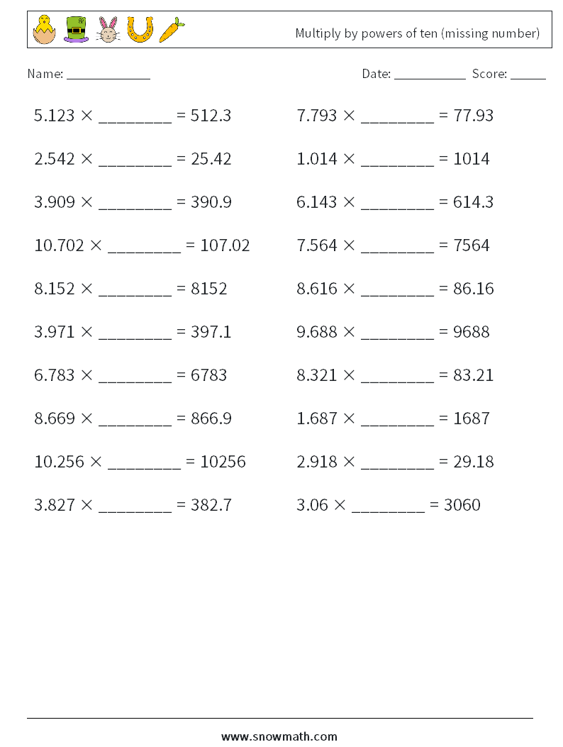 Multiply by powers of ten (missing number) Maths Worksheets 3