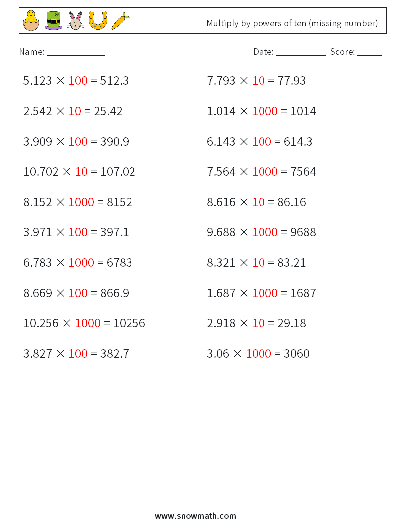 Multiply by powers of ten (missing number) Math Worksheets 3 Question, Answer