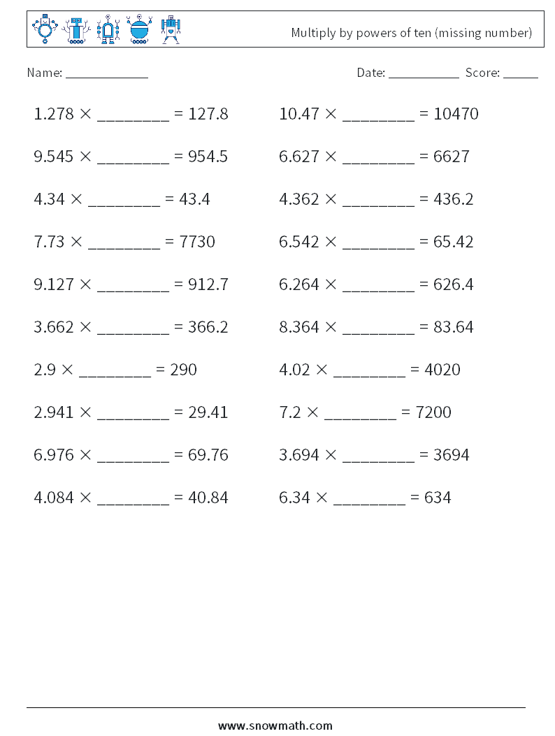 Multiply by powers of ten (missing number) Math Worksheets 4