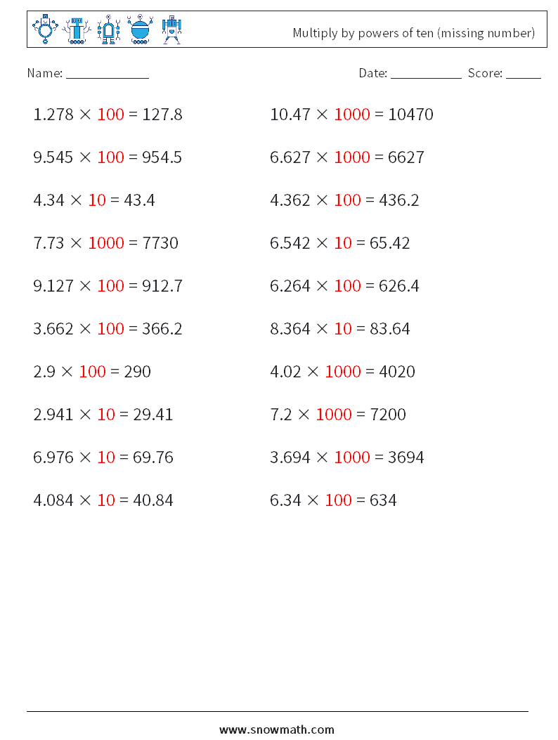 Multiply by powers of ten (missing number) Math Worksheets 4 Question, Answer