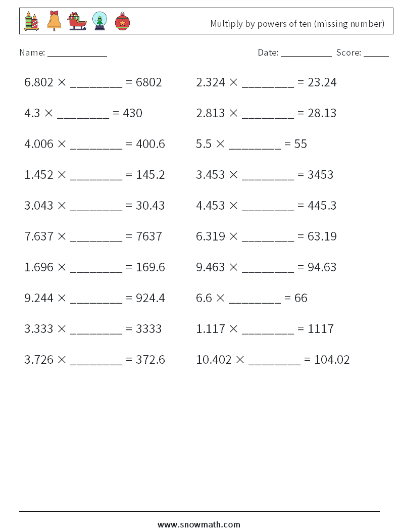 Multiply by powers of ten (missing number) Maths Worksheets 5