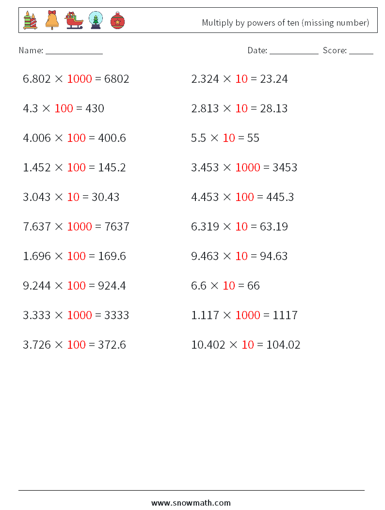 Multiply by powers of ten (missing number) Math Worksheets 5 Question, Answer