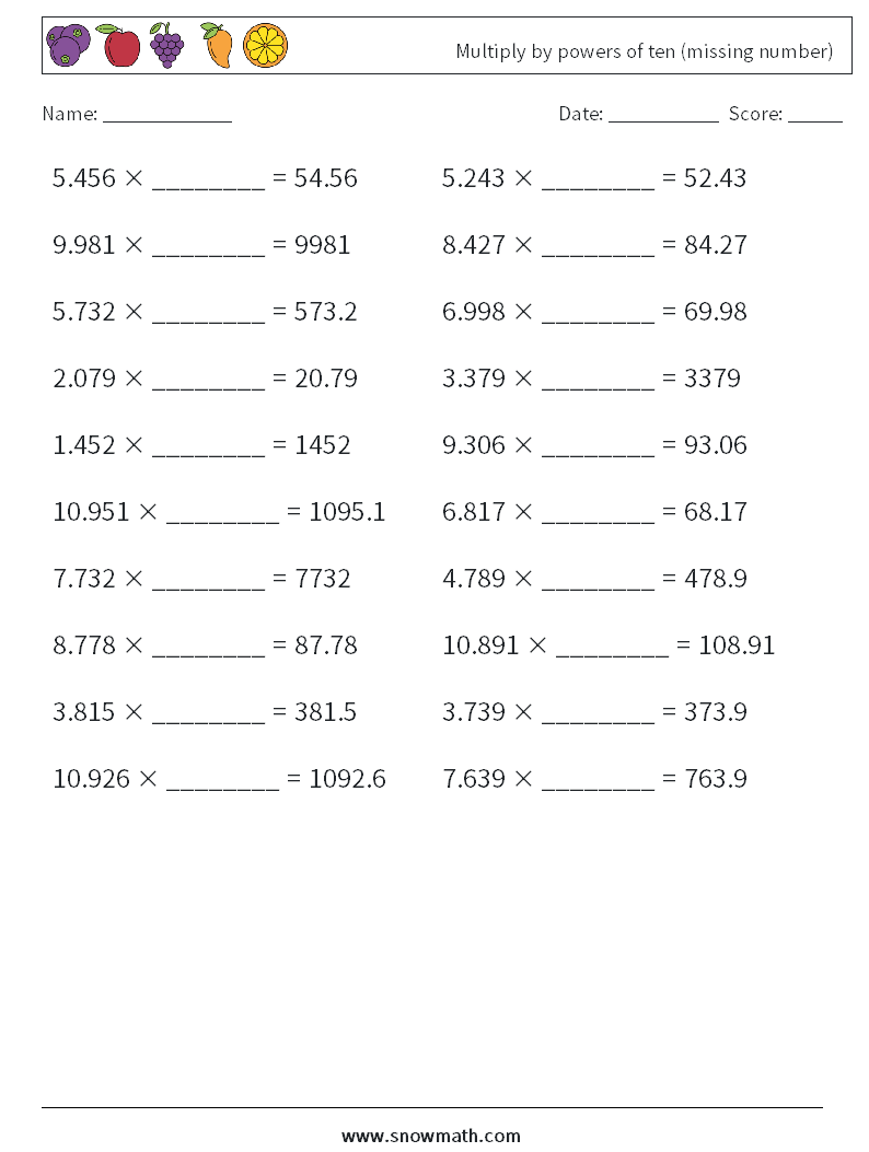 Multiply by powers of ten (missing number) Math Worksheets 6