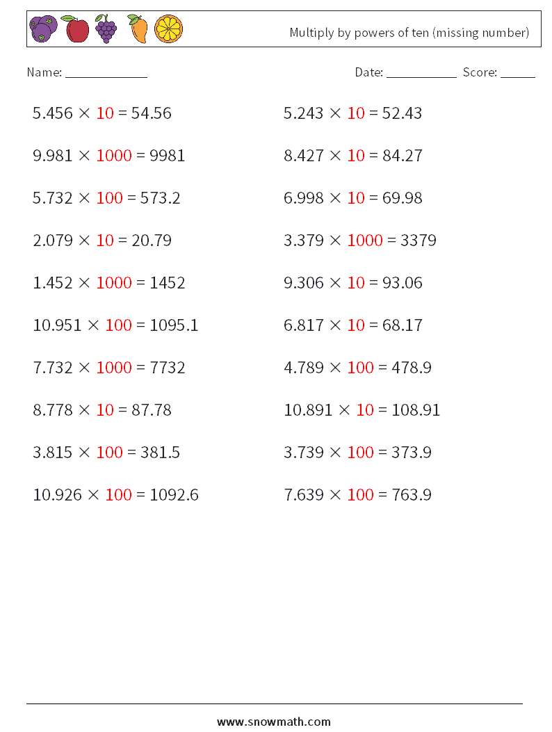 Multiply by powers of ten (missing number) Math Worksheets 6 Question, Answer