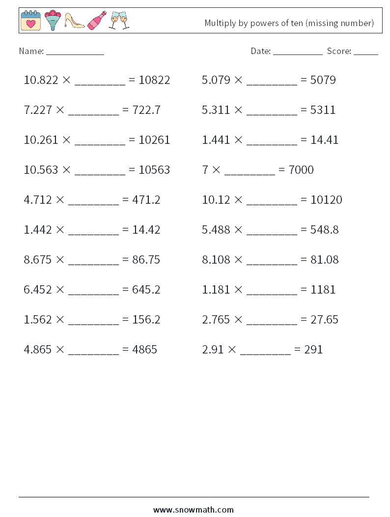 Multiply by powers of ten (missing number) Maths Worksheets 7