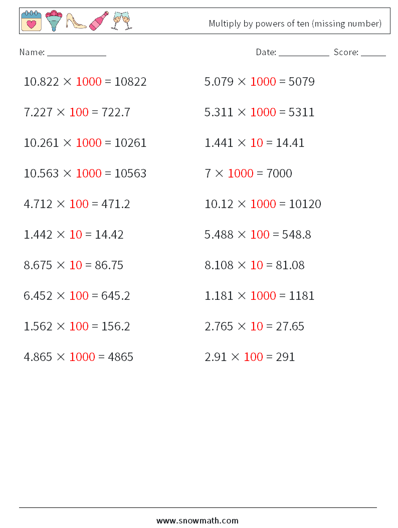 Multiply by powers of ten (missing number) Math Worksheets 7 Question, Answer