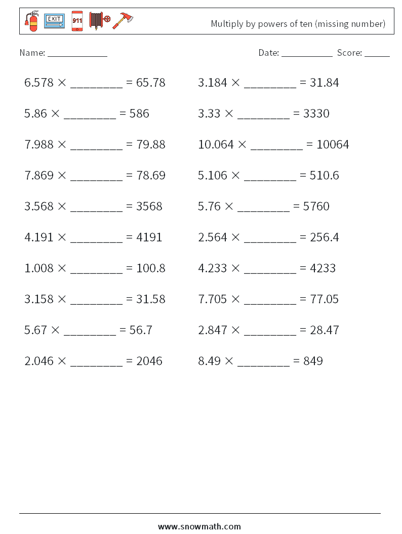 Multiply by powers of ten (missing number) Maths Worksheets 8