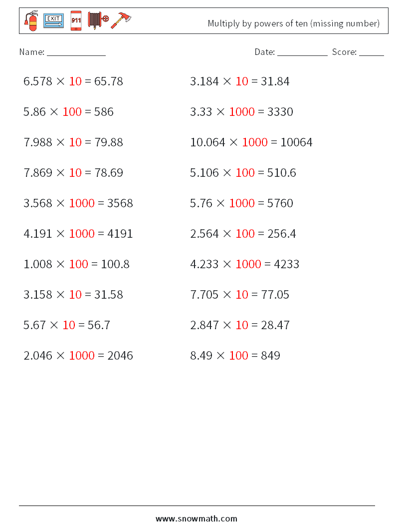 Multiply by powers of ten (missing number) Math Worksheets 8 Question, Answer