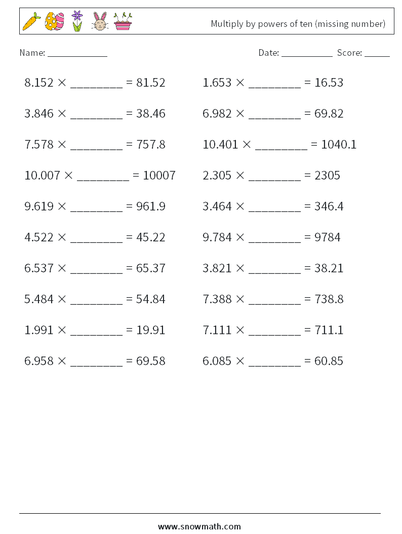 Multiply by powers of ten (missing number) Maths Worksheets 9