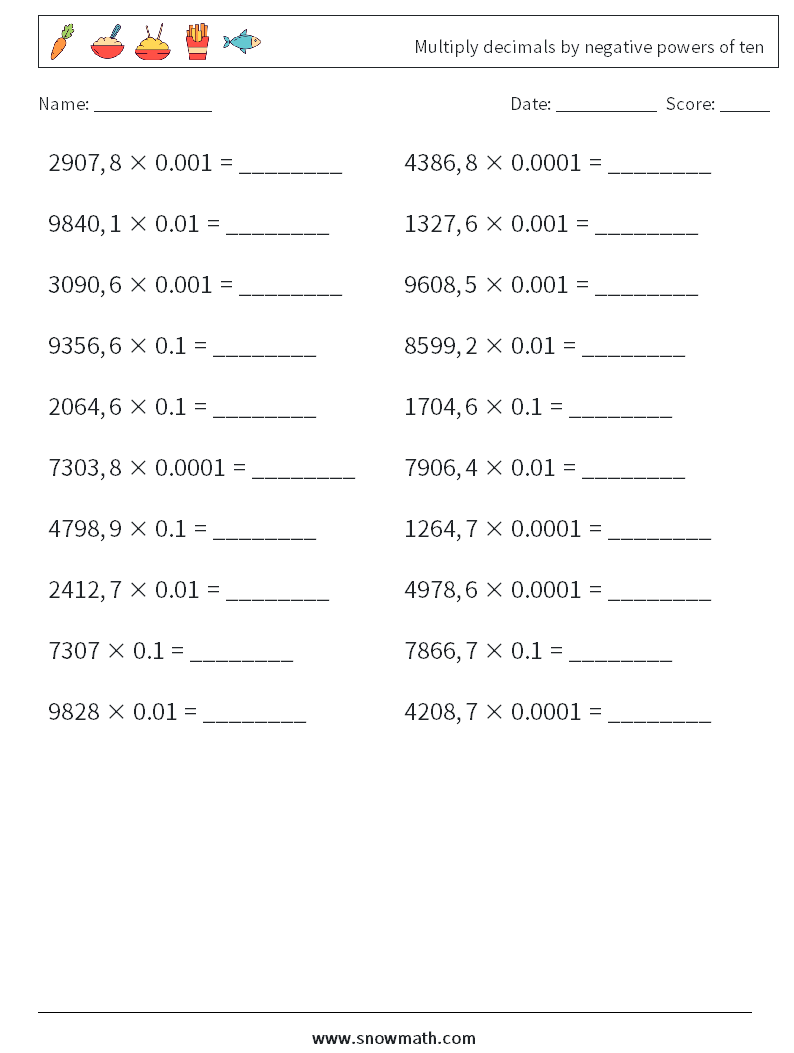 Multiply decimals by negative powers of ten Maths Worksheets 10