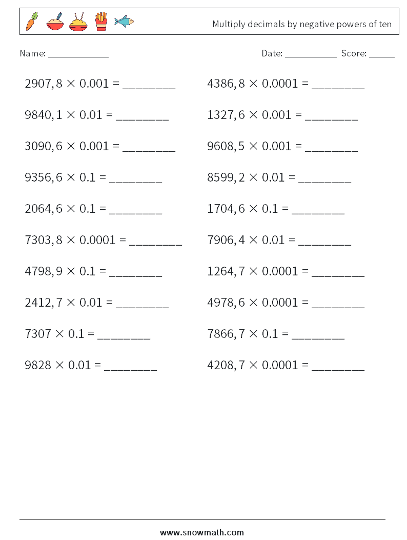 Multiply decimals by negative powers of ten Math Worksheets 10