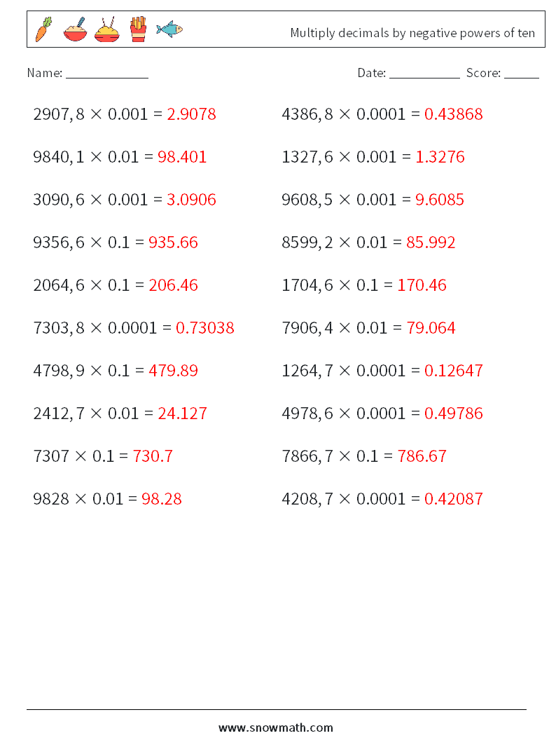 Multiply decimals by negative powers of ten Math Worksheets 10 Question, Answer