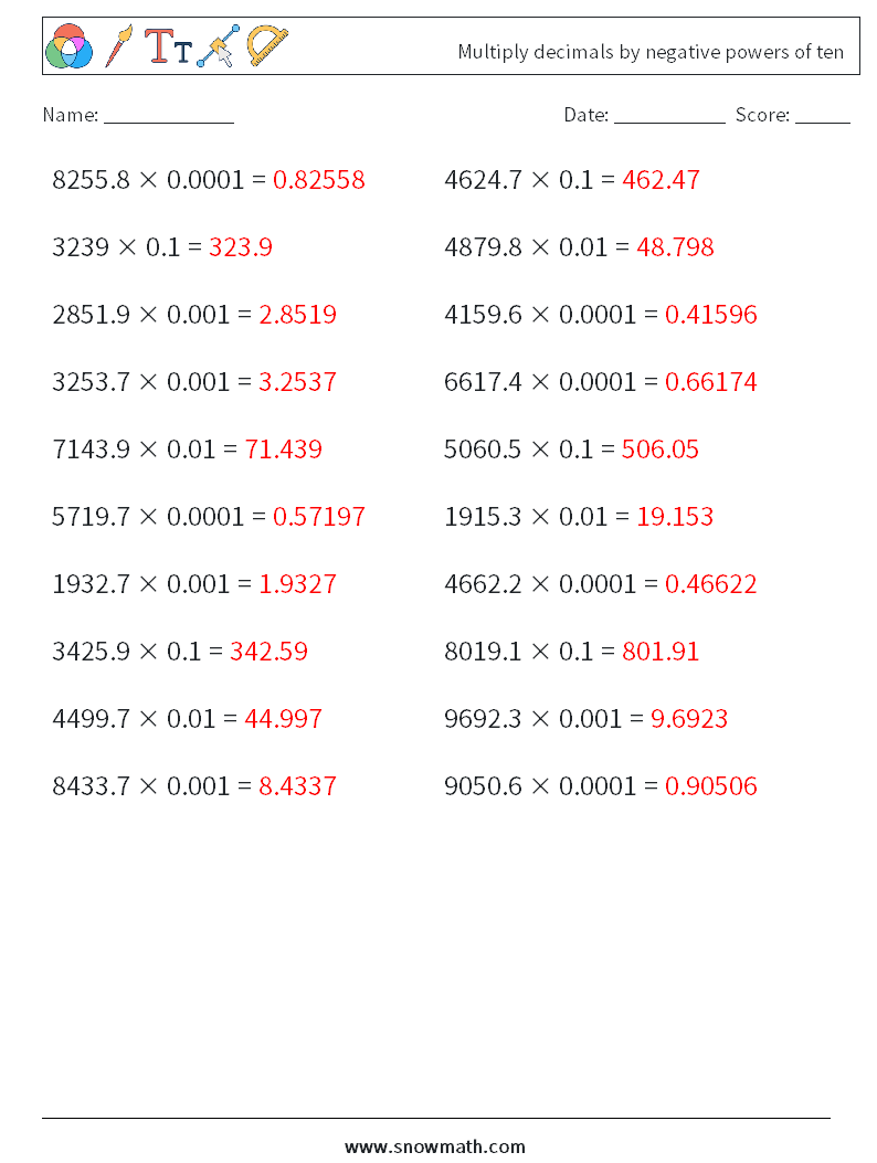 Multiply decimals by negative powers of ten Math Worksheets 11 Question, Answer