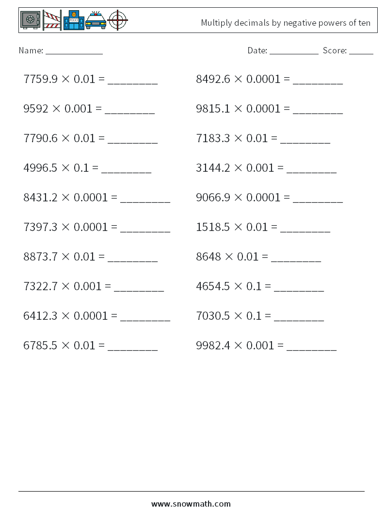 Multiply decimals by negative powers of ten Maths Worksheets 12
