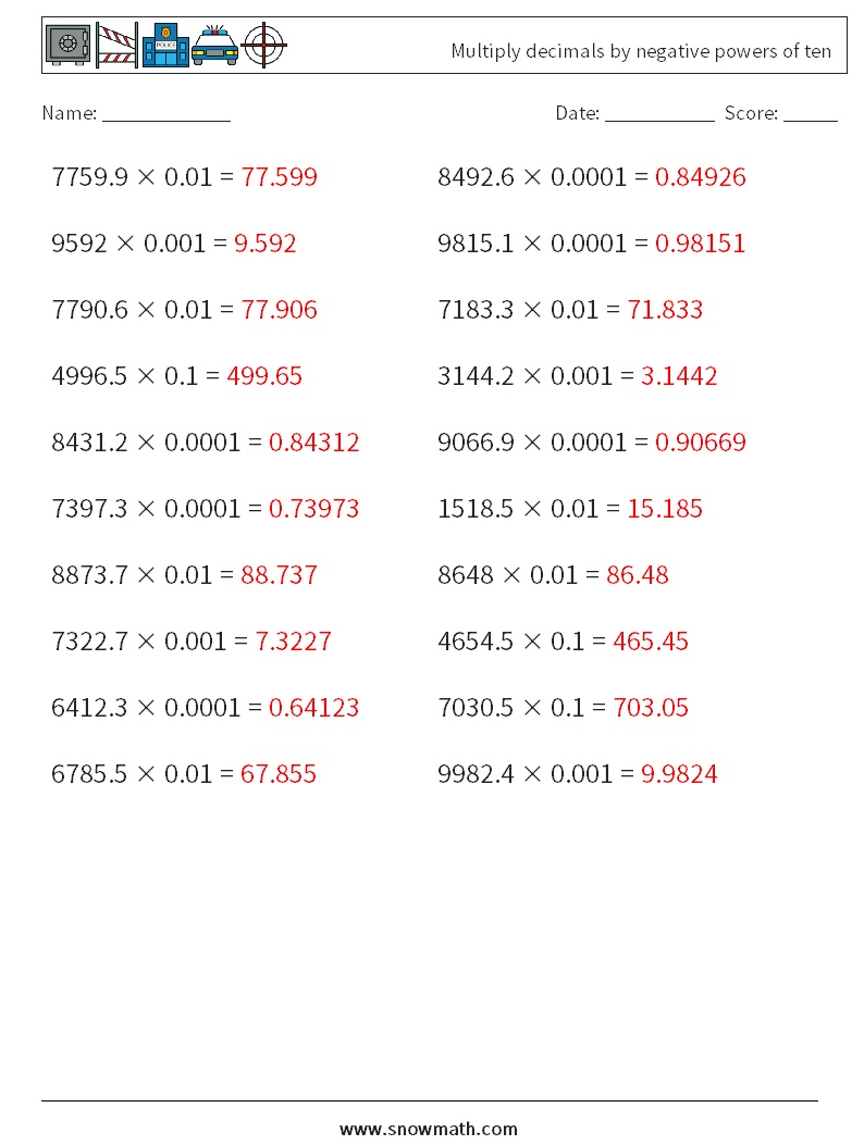 Multiply decimals by negative powers of ten Math Worksheets 12 Question, Answer