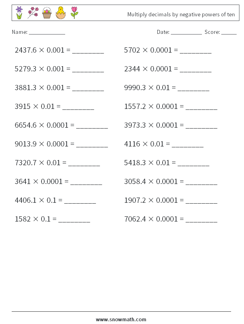Multiply decimals by negative powers of ten Math Worksheets 13