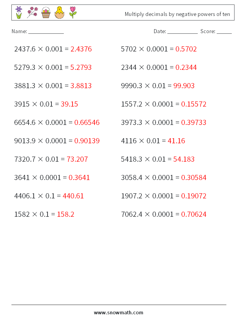 Multiply decimals by negative powers of ten Math Worksheets 13 Question, Answer