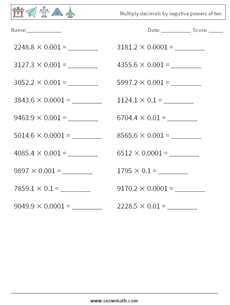 Multiply decimals by negative powers of ten Math Worksheets 14