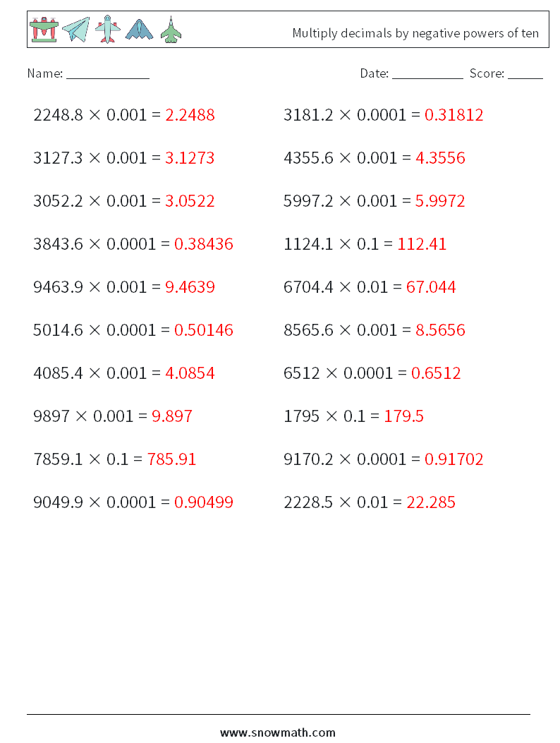 Multiply decimals by negative powers of ten Math Worksheets 14 Question, Answer