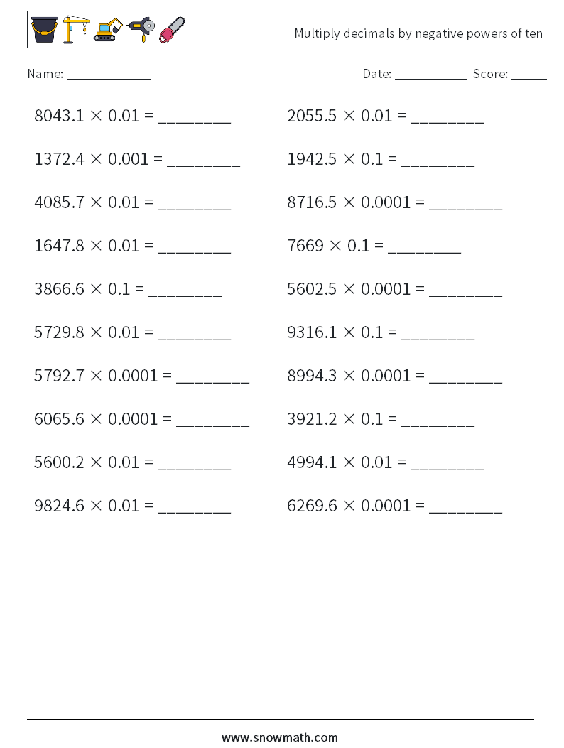 Multiply decimals by negative powers of ten Maths Worksheets 15