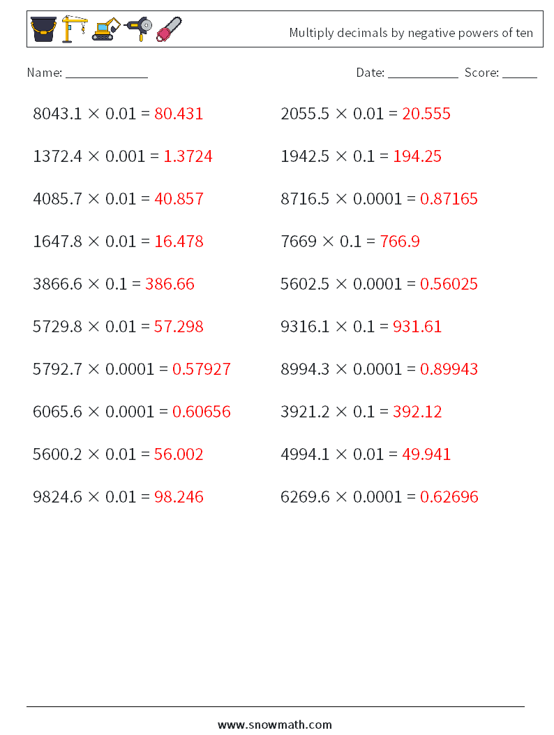 Multiply decimals by negative powers of ten Math Worksheets 15 Question, Answer