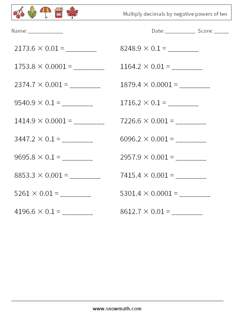 Multiply decimals by negative powers of ten Maths Worksheets 16