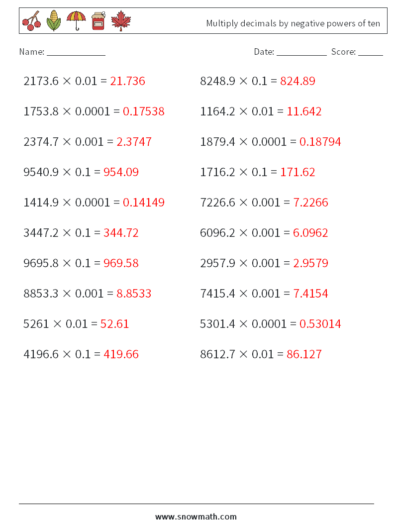 Multiply decimals by negative powers of ten Math Worksheets 16 Question, Answer