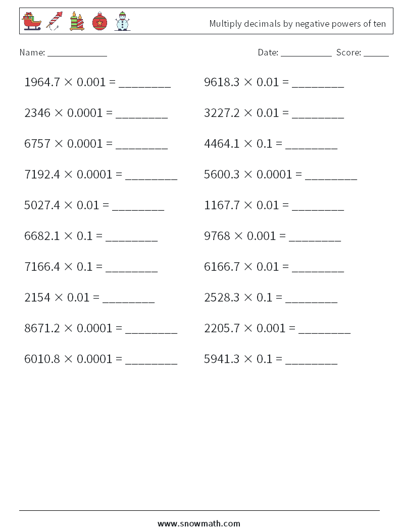 Multiply decimals by negative powers of ten Maths Worksheets 17