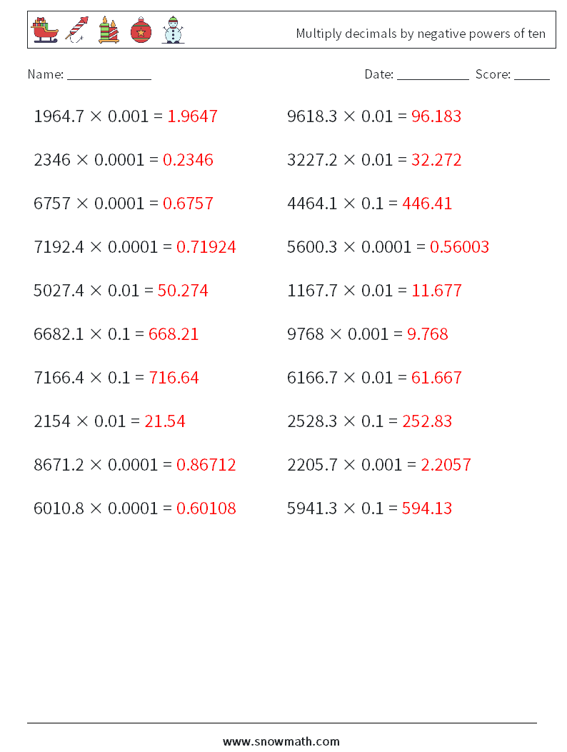 Multiply decimals by negative powers of ten Math Worksheets 17 Question, Answer