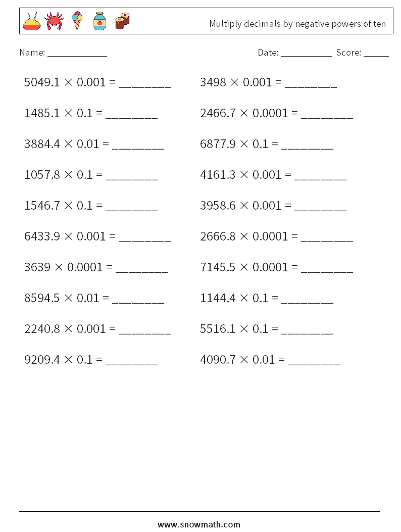 Multiply decimals by negative powers of ten Math Worksheets 18
