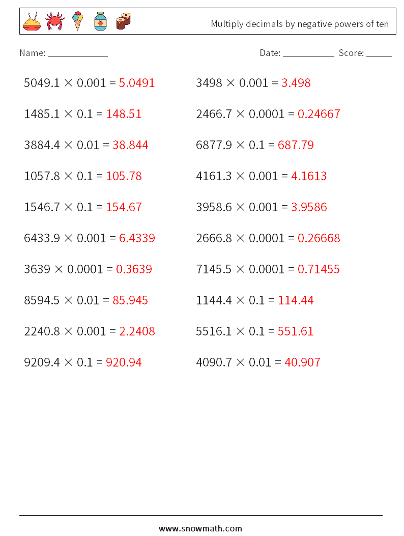 Multiply decimals by negative powers of ten Math Worksheets 18 Question, Answer