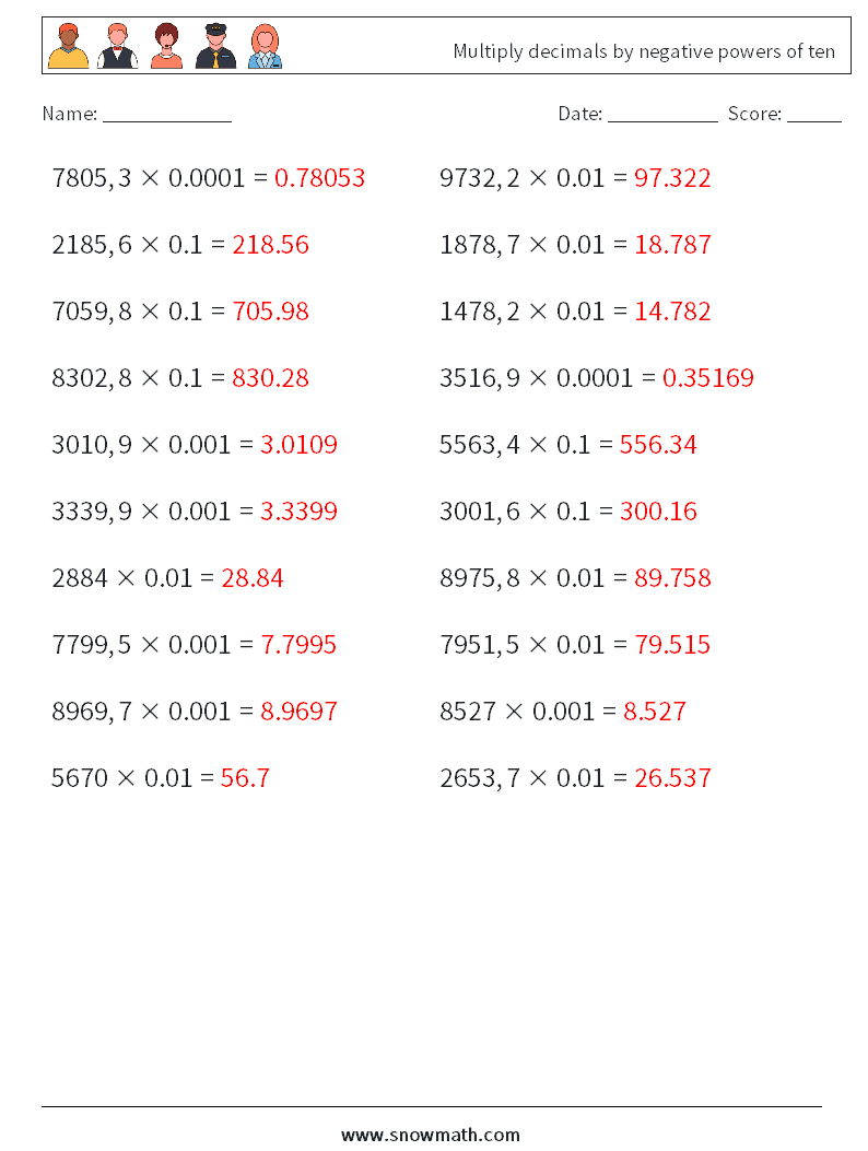 Multiply decimals by negative powers of ten Math Worksheets 1 Question, Answer