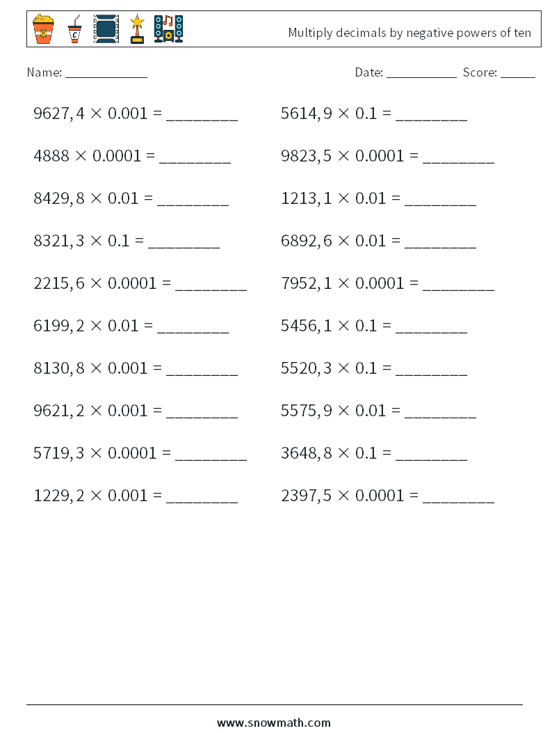 Multiply decimals by negative powers of ten Math Worksheets 2