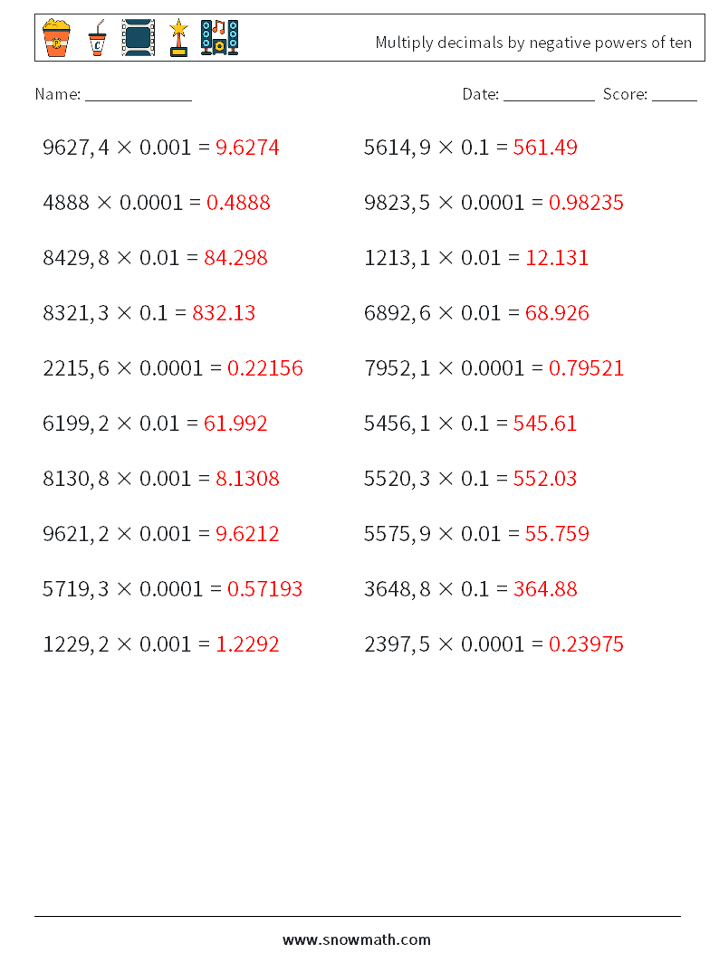 Multiply decimals by negative powers of ten Math Worksheets 2 Question, Answer