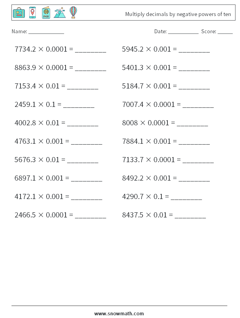 Multiply decimals by negative powers of ten Math Worksheets 3