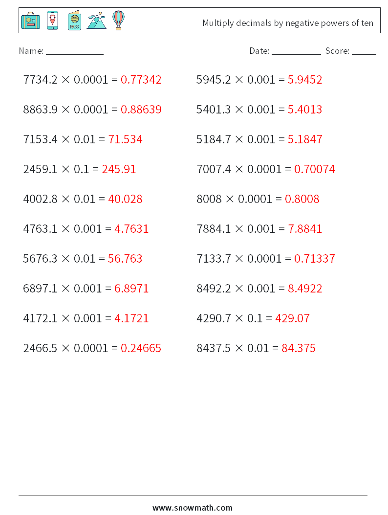 Multiply decimals by negative powers of ten Math Worksheets 3 Question, Answer