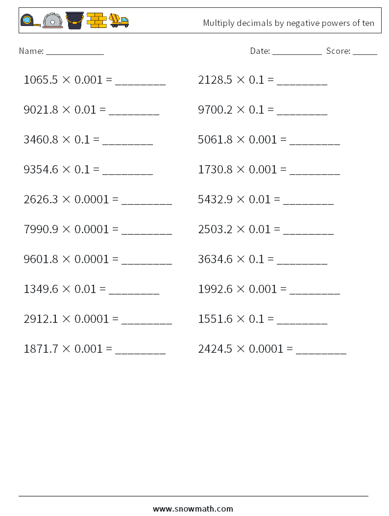 Multiply decimals by negative powers of ten Math Worksheets 4