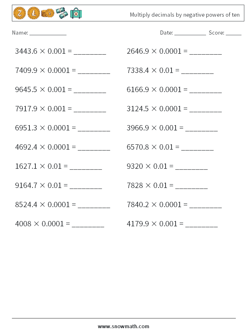 Multiply decimals by negative powers of ten Maths Worksheets 5