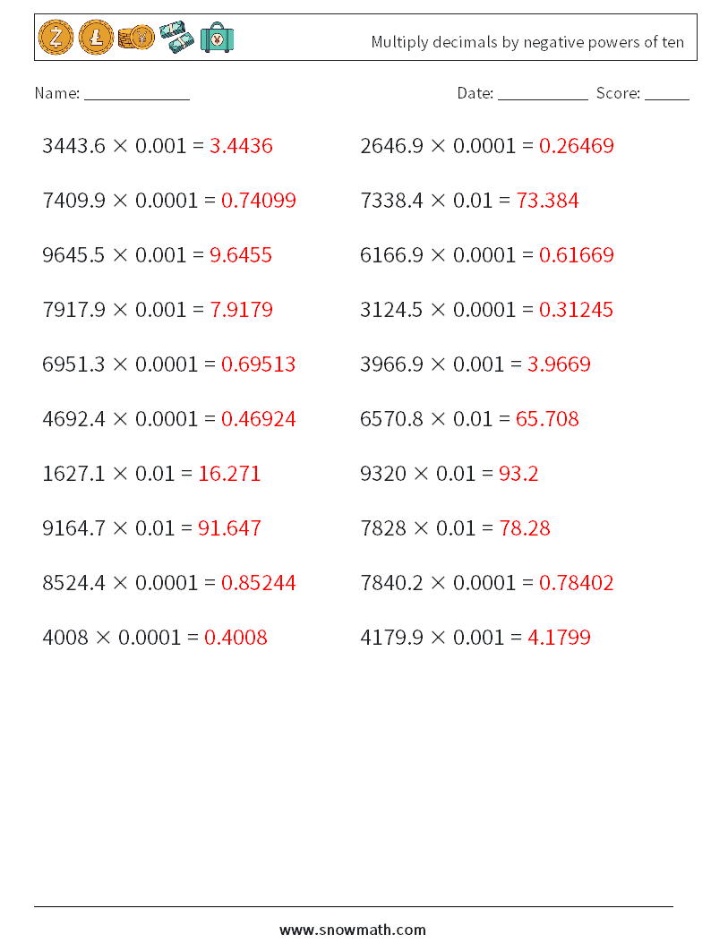 Multiply decimals by negative powers of ten Math Worksheets 5 Question, Answer