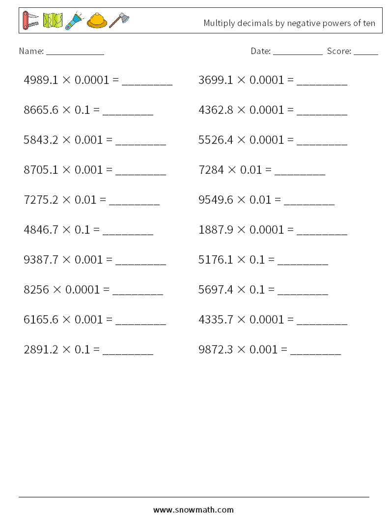 Multiply decimals by negative powers of ten Maths Worksheets 6