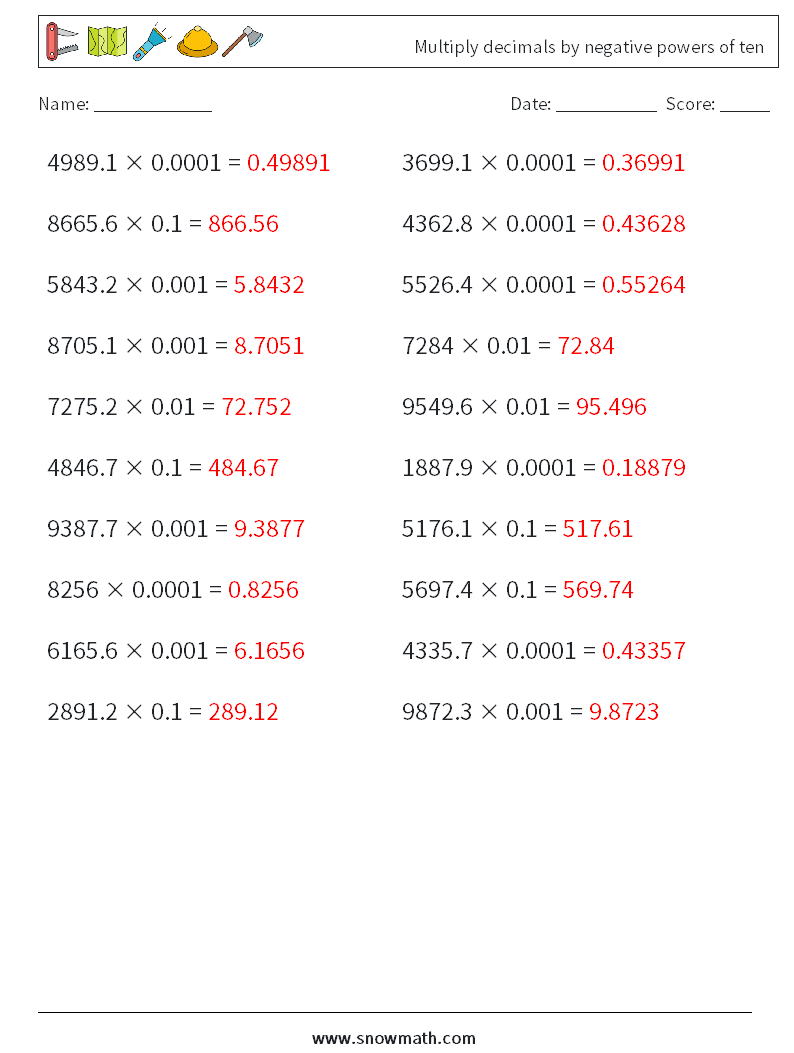 Multiply decimals by negative powers of ten Math Worksheets 6 Question, Answer