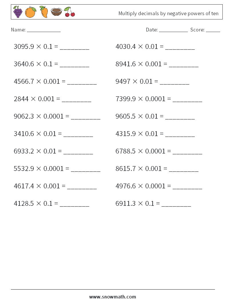 Multiply decimals by negative powers of ten Math Worksheets 7